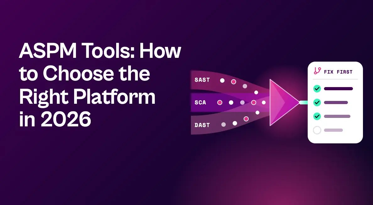 Graphic reading “ASPM Tools: How to Choose the Right Platform in 2026” beside SAST, SCA, and DAST signals converging into a prioritized “Fix First” remediation list.