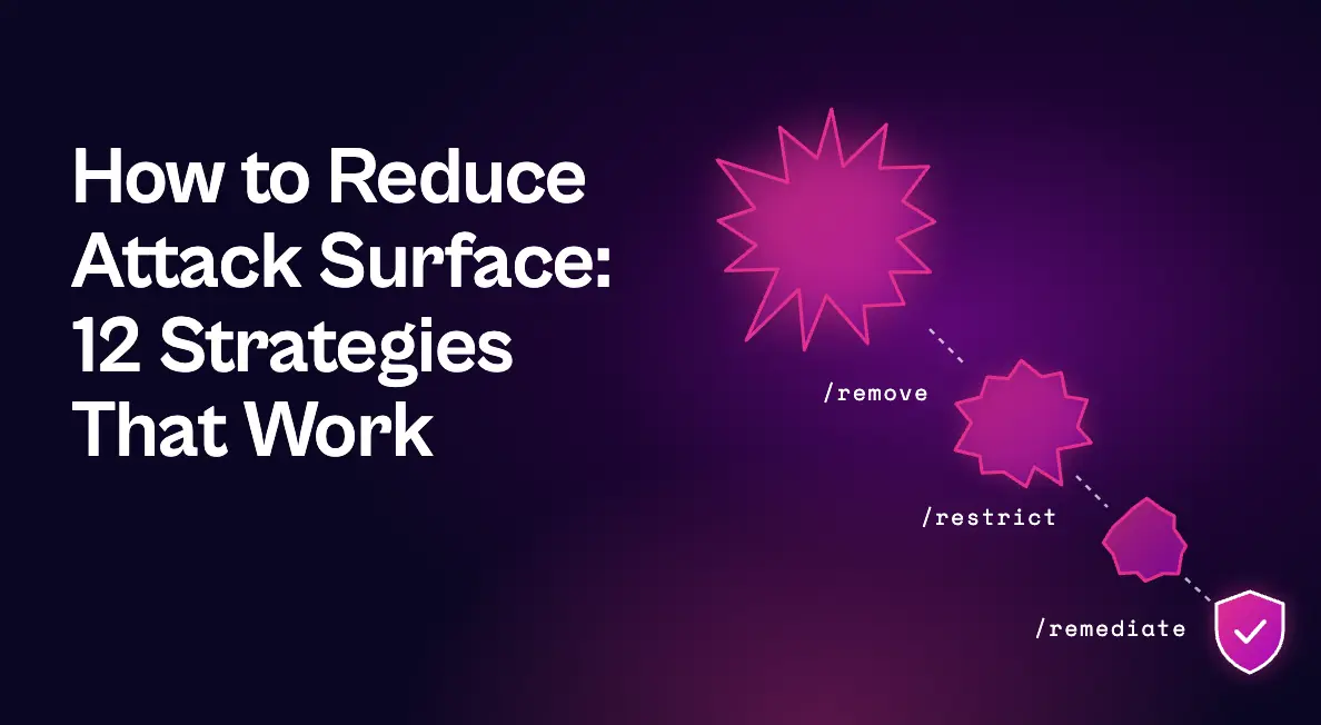 Graphic reading “How to Reduce Attack Surface: 12 Strategies That Work” beside shrinking threat shapes labeled “remove,” “restrict,” and “remediate,” ending in a security shield.