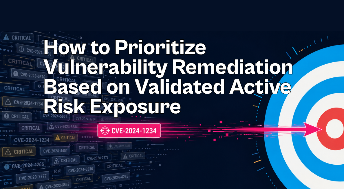 Vulnerability Remediation illustration showing a flood of critical CVE alerts being filtered down to one confirmed finding, guided by a magenta beam toward a bullseye target.