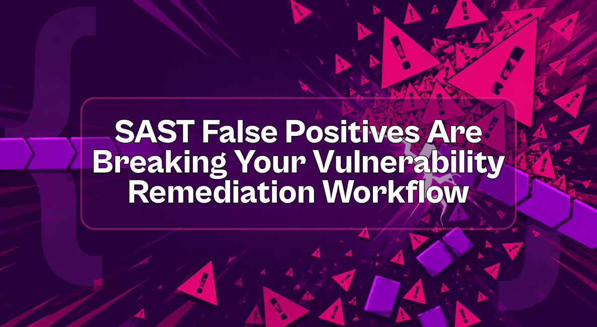 Abstract cybersecurity illustration showing a vulnerability remediation workflow breaking under a flood of warning alerts, with a fractured pipeline and cascading magenta warning triangles.