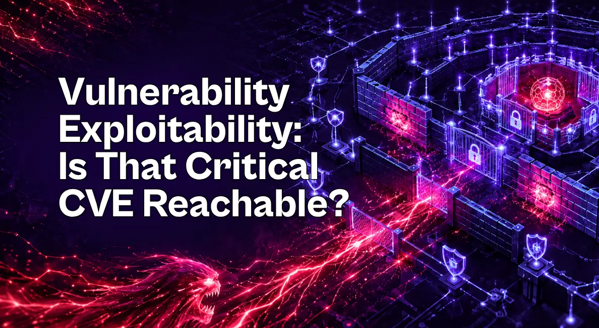 Vulnerability exploitability illustrated by a critical cyber threat blocked by layered firewalls, network segmentation, and locked digital barriers.