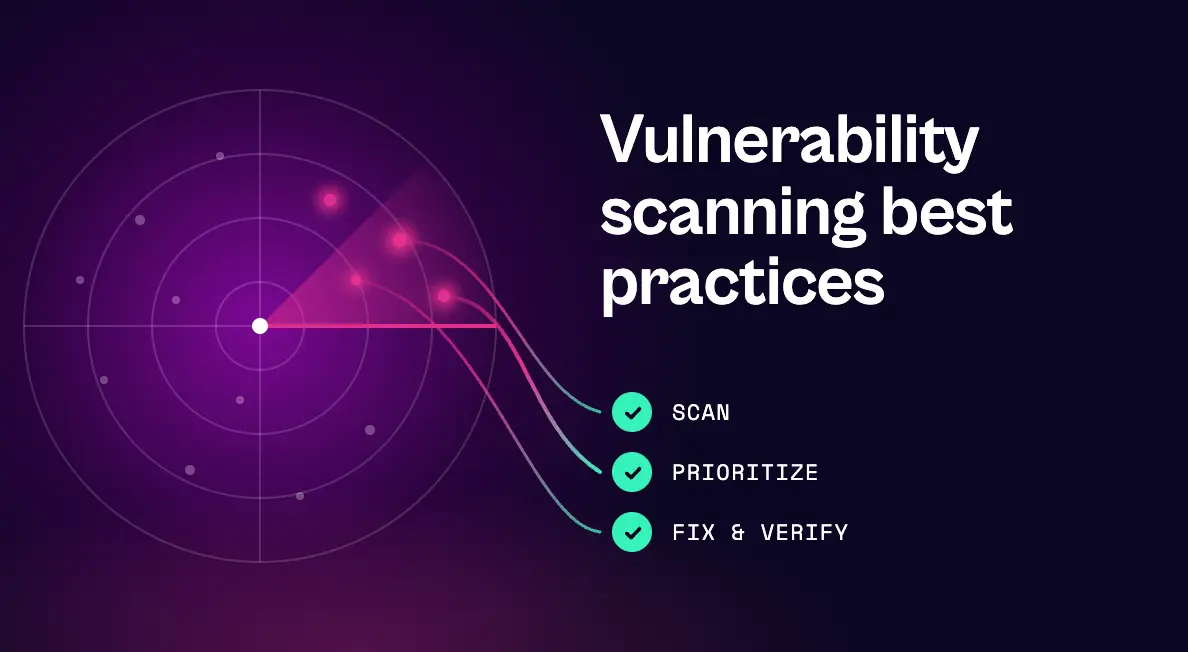 Graphic reading “Vulnerability scanning best practices” beside a radar-style scan visualization and three checked steps: scan, prioritize, and fix & verify.