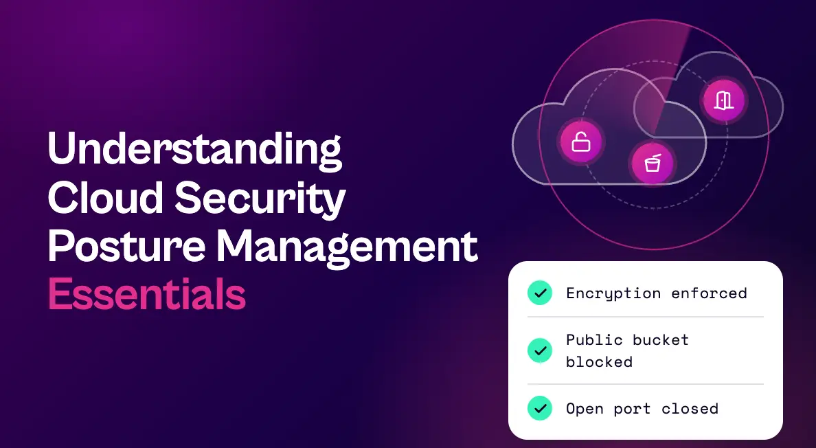 Graphic reading “Understanding Cloud Security Posture Management Essentials” beside cloud security icons and a checklist showing encryption enforced, public bucket blocked, and open port closed.