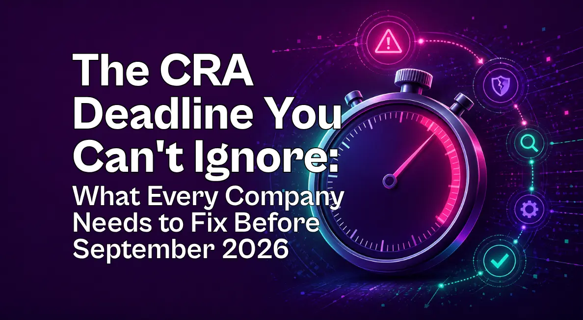 Neon cybersecurity stopwatch with alert and workflow icons, symbolizing urgency around the Cyber Resilience Act reporting deadline.