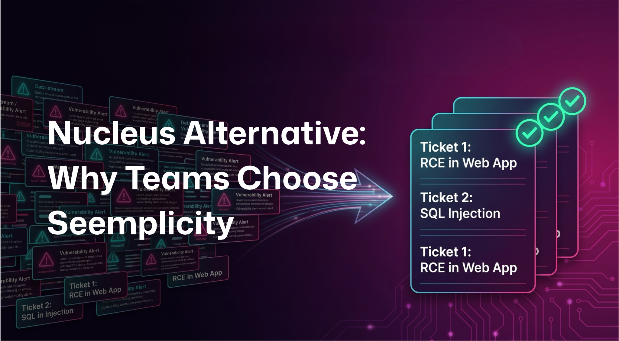 Graphic titled “Nucleus Alternative: Why Teams Choose Seemplicity,” showing a large volume of vulnerability alerts funneling into a smaller set of organized, actionable security tickets with green check marks.