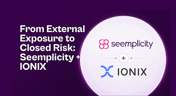 Seemplicity and IONIX logos connected by a plus sign, representing the integration between the two platforms.