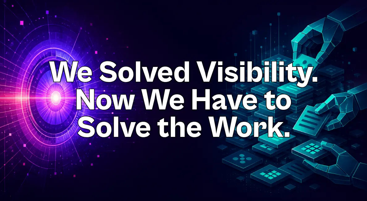 Abstract cybersecurity illustration showing a glowing teal lens on the left and geometric hands sorting stacks of pink and purple task tiles on the right.
