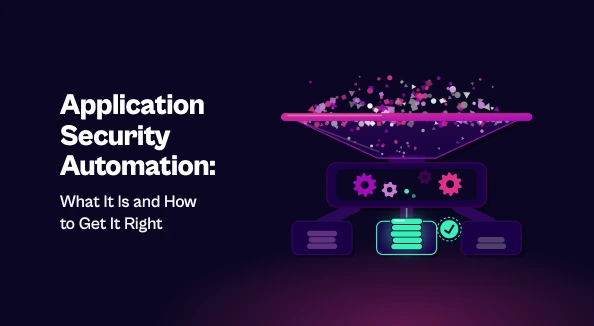 Flat illustration of a sorting machine that funnels a chaotic spill of mixed tokens through gears into three output slots, one holding a bright green stack marked with a checkmark, beside the title "Application Security Automation: What It Is and How to Get It Right."