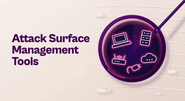 A metal detector sweeps over smooth sand, and its glowing circular reveal shows a buried laptop, server rack, cloud node, Wi-Fi router and API plug, next to the title "Attack Surface Management Tools".
