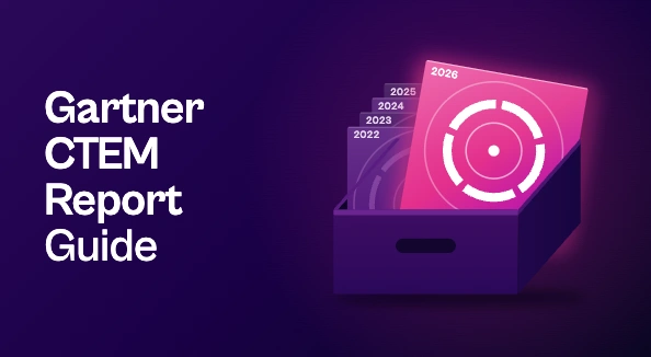 Gartner CTEM Report Guide. A record crate holds research reports filed like vinyl sleeves and labelled 2022 to 2025. A glowing magenta 2026 report is pulled halfway out and tilted forward, with a five-part ring on its cover for the five-stage CTEM cycle.