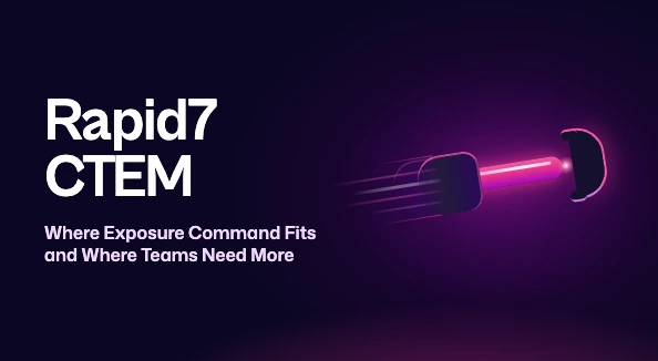 Blog thumbnail reading "Rapid7 CTEM: Where Exposure Command Fits and Where Teams Need More." White text on a dark purple background on the left. On the right, a stylised relay handoff: a glowing magenta baton with speed lines trailing behind it is passed from one hand to another that is reaching to take it.
