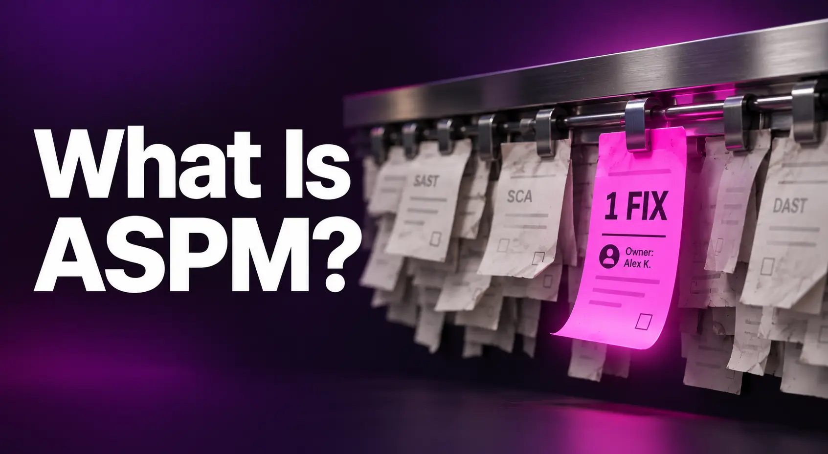 Blog thumbnail titled “What Is ASPM?” featuring a crowded rail of overlapping security scanner tickets labeled SAST, SCA, and DAST, with a single bright magenta “1 FIX” ticket highlighting deduplication and clear remediation ownership.