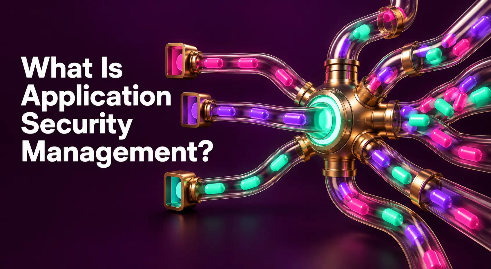 Illustration of a pneumatic tube sorting hub organizing colorful security findings into separate, orderly workflows, representing application security management.
