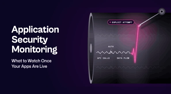 Seismograph needle tracing calm app activity, then a sharp magenta spike tagged "exploit attempt," beside the article title. On the left, white text reads "Application Security Monitoring" with the subheading "What to Watch Once Your Apps Are Live."