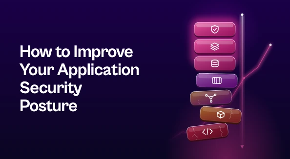 Illustration for improving your application security posture: a vertical stack of glass tiles with app component icons. The misaligned amber and red tiles at the bottom move into a straight, glowing magenta stack at the top, next to a vertical plumb line and a faint upward trend line.
