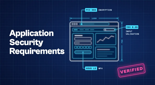 Blueprint-style drawing of a web app in white and cyan lines on a navy grid, with callout tags reading "PCI DSS: Encryption," "ISO 8.26: Input validation" and "ASVS L2: MFA," a pink "VERIFIED" stamp, and the title "Application Security Requirements."