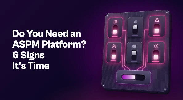 Blog thumbnail reading "Do You Need an ASPM Platform? 6 Signs It's Time" next to an electrical breaker panel. Four of its six breakers have tripped and glow magenta, with glowing wires running down to one master switch.