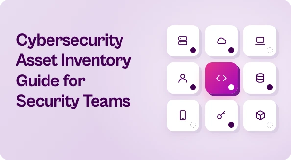 Diagram of a cybersecurity asset inventory linking endpoints, cloud, apps, and identities to owners and security findings.