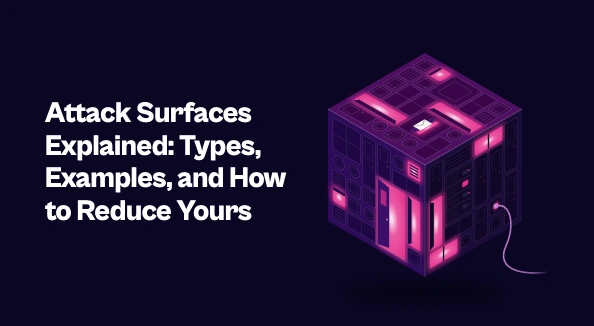 A floating isometric cube covered in small doors, hatches, ports and windows, a few of them open and glowing magenta, next to the title "Attack Surfaces Explained: Types, Examples, and How to Reduce Yours."