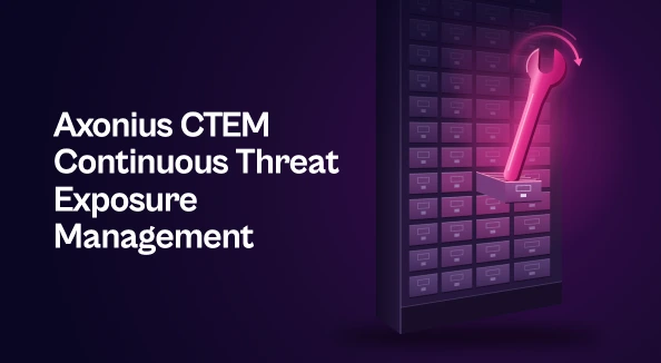 Blog thumbnail reading "Axonius CTEM Continuous Threat Exposure Management" in white on a dark purple background. On the right, a tall card-catalogue cabinet with rows of closed purple drawers. One drawer is pulled halfway out, and a glowing magenta wrench rises from it with a curved arrow showing it turning.