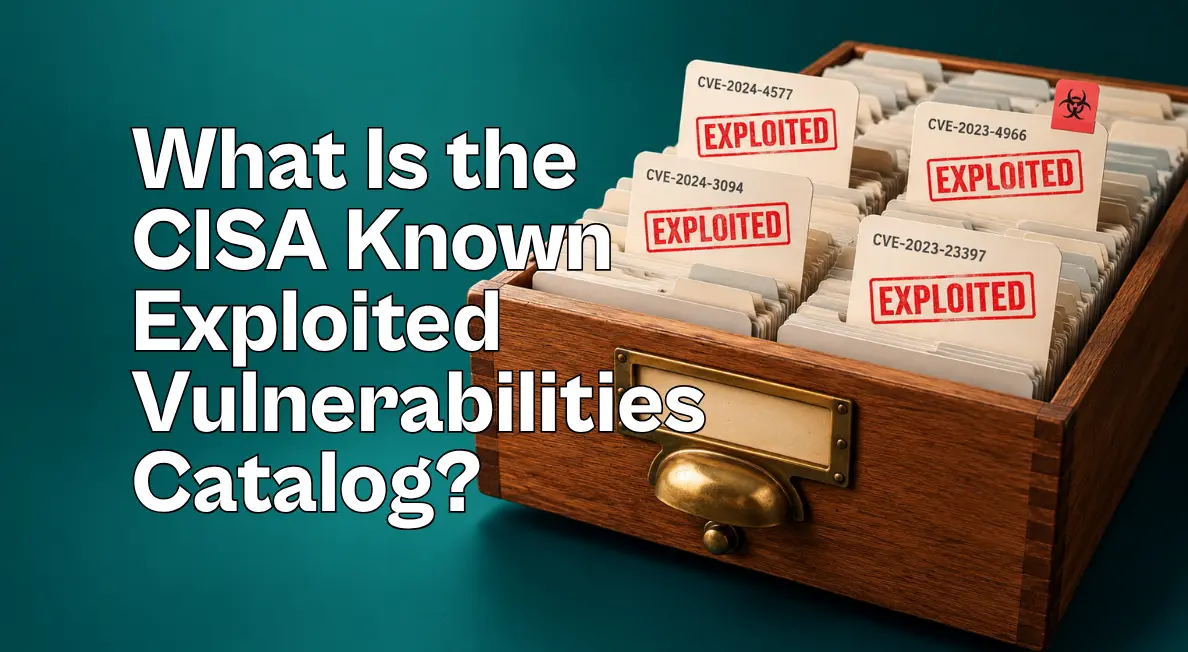 Wooden card catalog drawer filled with CVE index cards, with four cards prominently stamped “EXPLOITED” in red, representing vulnerabilities in the CISA Known Exploited Vulnerabilities Catalog.