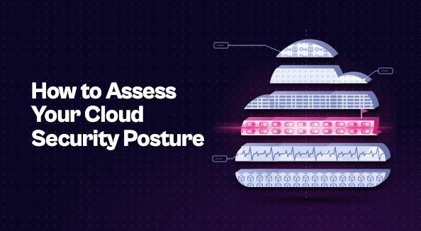 Exploded-view cloud split into six layers, with a pink scan line and flag highlighting one layer, beside the blog title 'How to Assess Your Cloud Security Posture'.