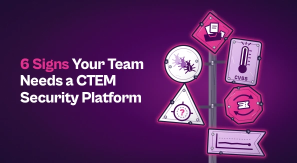 Six retro warning signs on a signpost, each with a pictogram for a CTEM warning sign, next to the title "6 Signs Your Team Needs a CTEM Security Platform".