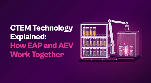 "CTEM Technology Explained: How EAP and AEV Work Together." A robotic arm tests vials from a sorted rack in a glass chamber, where one vial glows pink.
