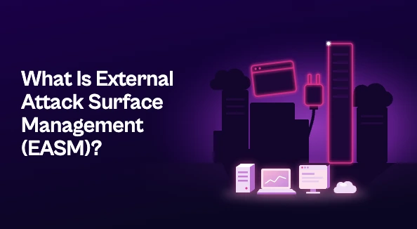 Blog thumbnail titled "What Is External Attack Surface Management (EASM)?" Illustration: a few known IT assets cast a much larger shadow of untracked servers, apps and APIs, some highlighted in magenta.