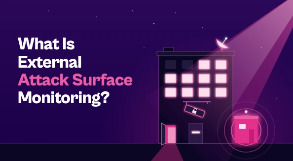 Flat illustration of an office building at night under a deep purple sky. A pink scan beam sweeps across the facade from the upper right and lights up its windows, a rooftop satellite dish, the mail slot in the front door, a half-open side door and a hanging sign with an unlocked padlock. A small magenta annex beside the building glows and sends out radar ping rings. The title on the left reads: What Is External Attack Surface Monitoring?