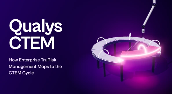 Qualys CTEM: How Enterprise TruRisk Management Maps to the CTEM Cycle. A 3D illustration of a circular elevated roadway with five glowing checkpoints. Four sections are finished. A crane arm lowers a glowing magenta section into the last gap to complete the loop.
