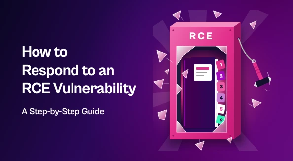 Shattered "RCE" emergency cabinet holding a six-tab response playbook, beside the title "How to Respond to an RCE Vulnerability."