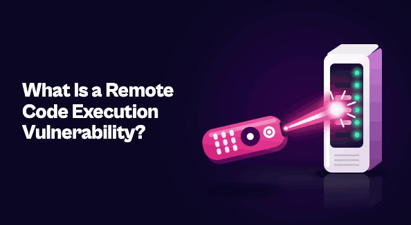 Illustration of a floating TV remote beaming a signal at a server, which lights up as if taking orders from someone else. Beside it, the title reads "What Is a Remote Code Execution Vulnerability?"