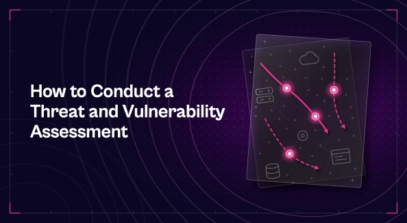 Two translucent map overlays, one on top of the other, beside the title "How to Conduct a Threat and Vulnerability Assessment." The bottom sheet shows a blueprint of servers, cloud, apps and databases, dotted with small dim vulnerability markers. The top sheet shows magenta attack paths, and the four points where a path crosses a vulnerability glow.