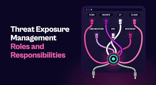 Illustration of a switchboard where colored cables run from role jacks (CISO, SecOps, IT, Cloud, Engineering, GRC and Business) into one glowing central jack. Two cables hang unplugged. The title reads: Threat Exposure Management Roles and Responsibilities.