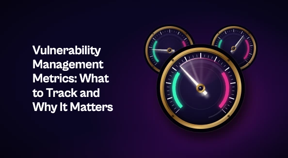 Three brass-rimmed analog gauges on a dark panel with a magenta glow. On the largest gauge, the needle swings out of the magenta danger zone toward the mint safe zone. Title: Vulnerability Management Metrics: What to Track and Why It Matters.