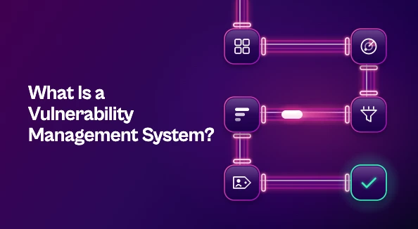 Glass tubes link six security stations as a glowing capsule travels toward a green check, beside the title "What Is a Vulnerability Management System?"