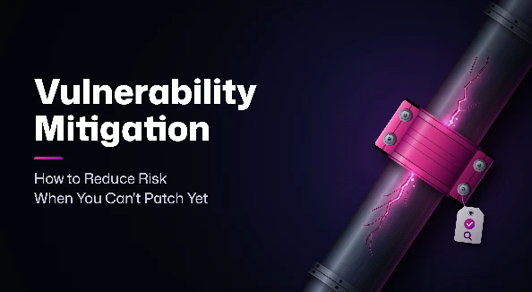 Vulnerability Mitigation: a magenta repair clamp bolted over a glowing crack in a dark pipe.