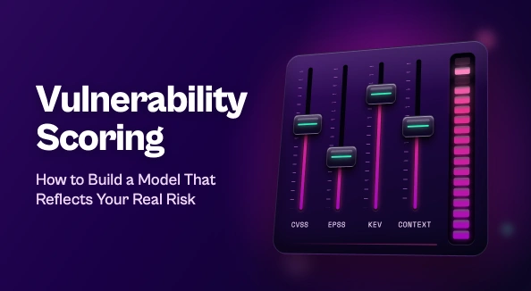 Mixing console with four faders labeled CVSS, EPSS, KEV and CONTEXT feeding one LED risk meter, next to the title "Vulnerability Scoring: How to Build a Model That Reflects Your Real Risk."