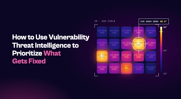 Blog thumbnail: "How to Use Vulnerability Threat Intelligence to Prioritize What Gets Fixed" beside a thermal-camera view of CVE tiles, with three tiles glowing hot.