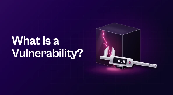 Dark glass cube with a glowing magenta crack, measured by a caliper reading 9.8, beside the title "What Is a Vulnerability?"
