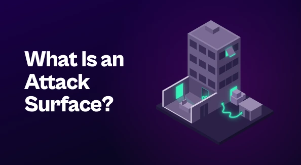 Isometric cutaway of a muted purple office building where a half-open back door, a window left ajar, a side entrance behind boxes, a key left in a rear door, and a cable running to a small shed all glow mint green, next to the title "What Is an Attack Surface?"