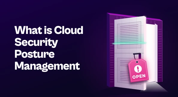 Illustration of a slightly open cloud server door with a pink "OPEN" warning tag, next to the title "What is Cloud Security Posture Management".